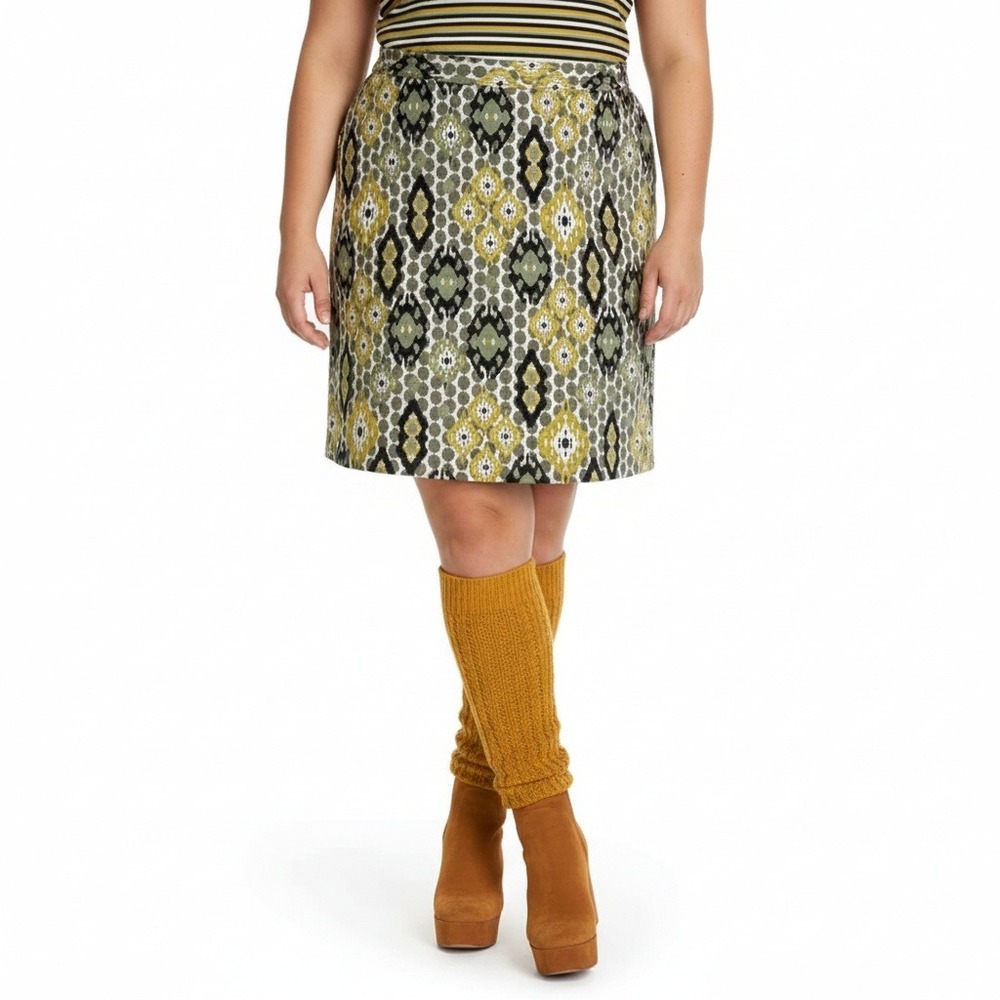 Van Heusen Womens Retro 70s 100% Cotton Geometric Skirt Size 14 Olive Groovy Mod